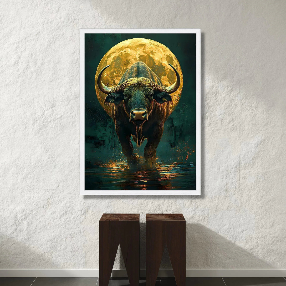 Majestic Buffalo with Full Moon Canvas, Wildlife Wall Art, Nature Animal Canvas, Bold Animal Portrait, Rustic Home Canvas Print Art