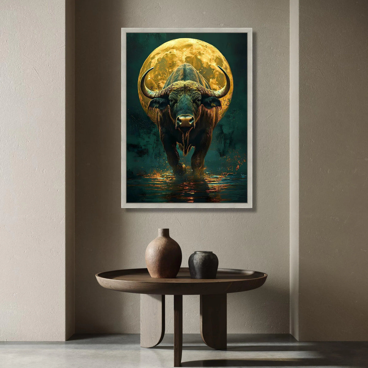 Majestic Buffalo with Full Moon Canvas, Wildlife Wall Art, Nature Animal Canvas, Bold Animal Portrait, Rustic Home Canvas Print Art