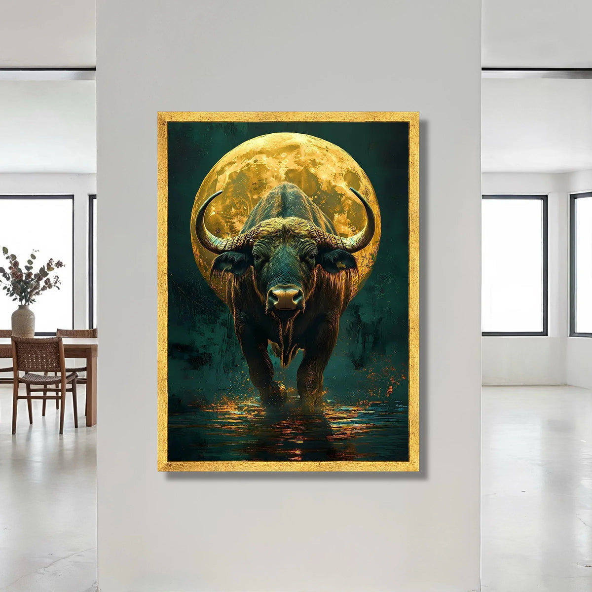 Majestic Buffalo with Full Moon Canvas, Wildlife Wall Art, Nature Animal Canvas, Bold Animal Portrait, Rustic Home Canvas Print Art