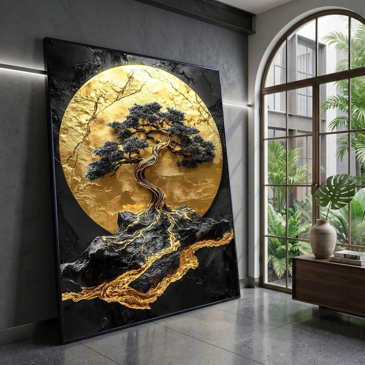 Golden Bonsai Tree Canvas Wall Art, Modern Abstract Nature Design, Black and Gold Landscape Canvas, Elegant Home Decoration Canvas Print Art