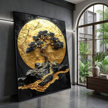 Golden Bonsai Tree Canvas Wall Art, Modern Abstract Nature Design, Black and Gold Landscape Canvas, Elegant Home Decoration Canvas Print Art