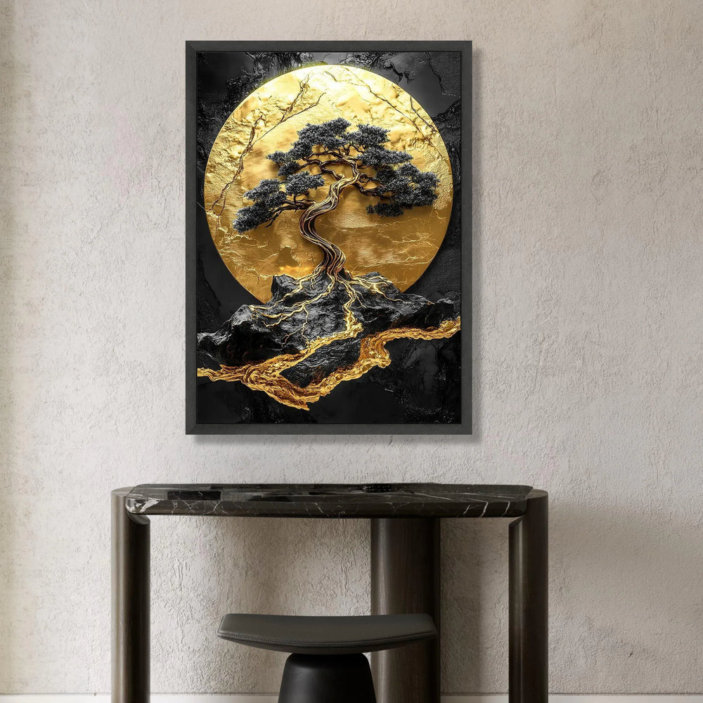 Golden Bonsai Tree Canvas Wall Art, Modern Abstract Nature Design, Black and Gold Landscape Canvas, Elegant Home Decoration Canvas Print Art