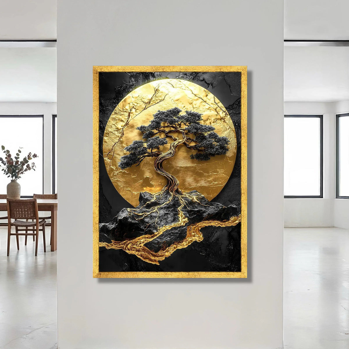 Golden Bonsai Tree Canvas Wall Art, Modern Abstract Nature Design, Black and Gold Landscape Canvas, Elegant Home Decoration Canvas Print Art