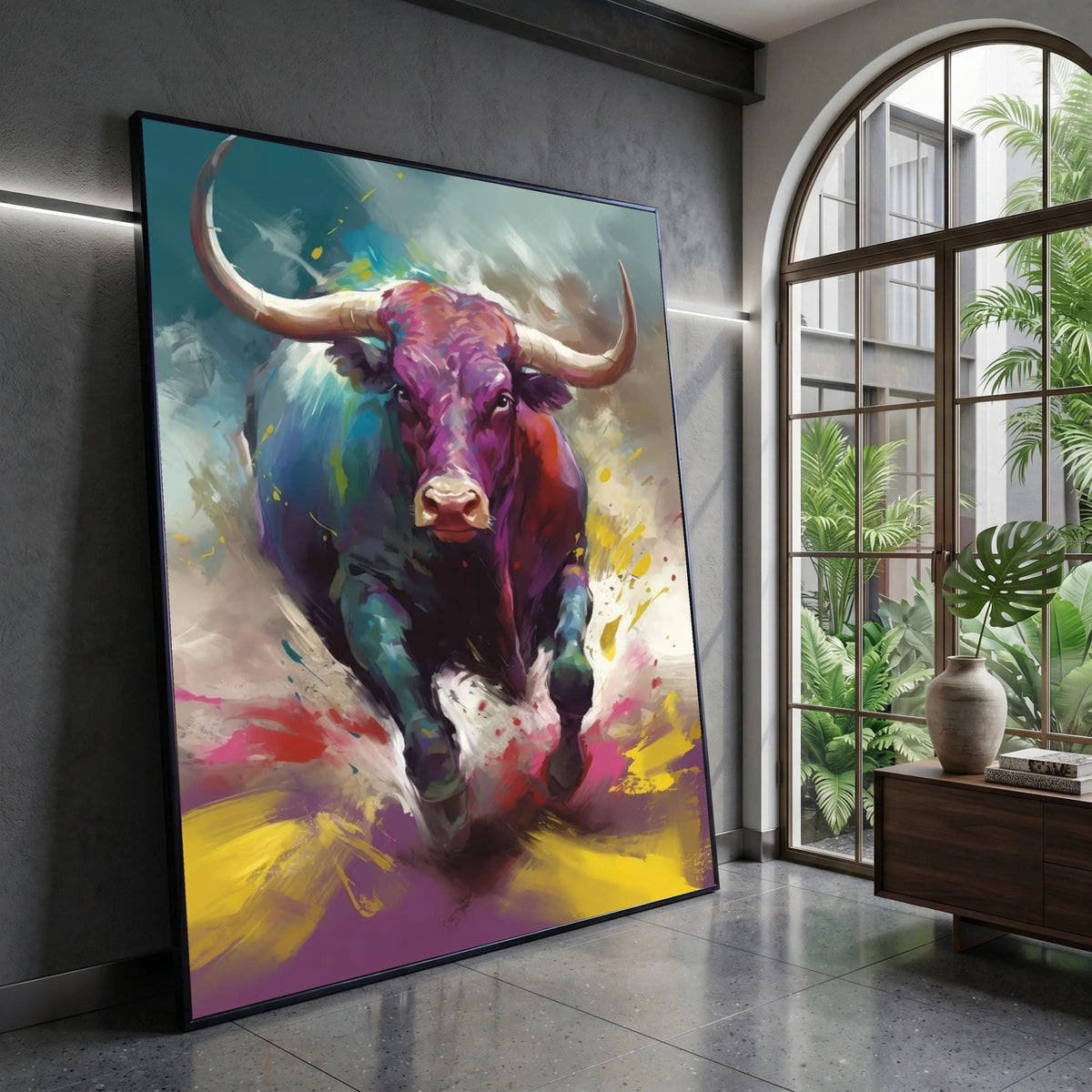 Vibrant Bull Charging Canvas, Colorful Animal Wall Art, Abstract Wildlife Painting, Bold Home Decoration, Ready to Hang Canvas Print Art