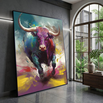 Vibrant Bull Charging Canvas, Colorful Animal Wall Art, Abstract Wildlife Painting, Bold Home Decoration, Ready to Hang Canvas Print Art