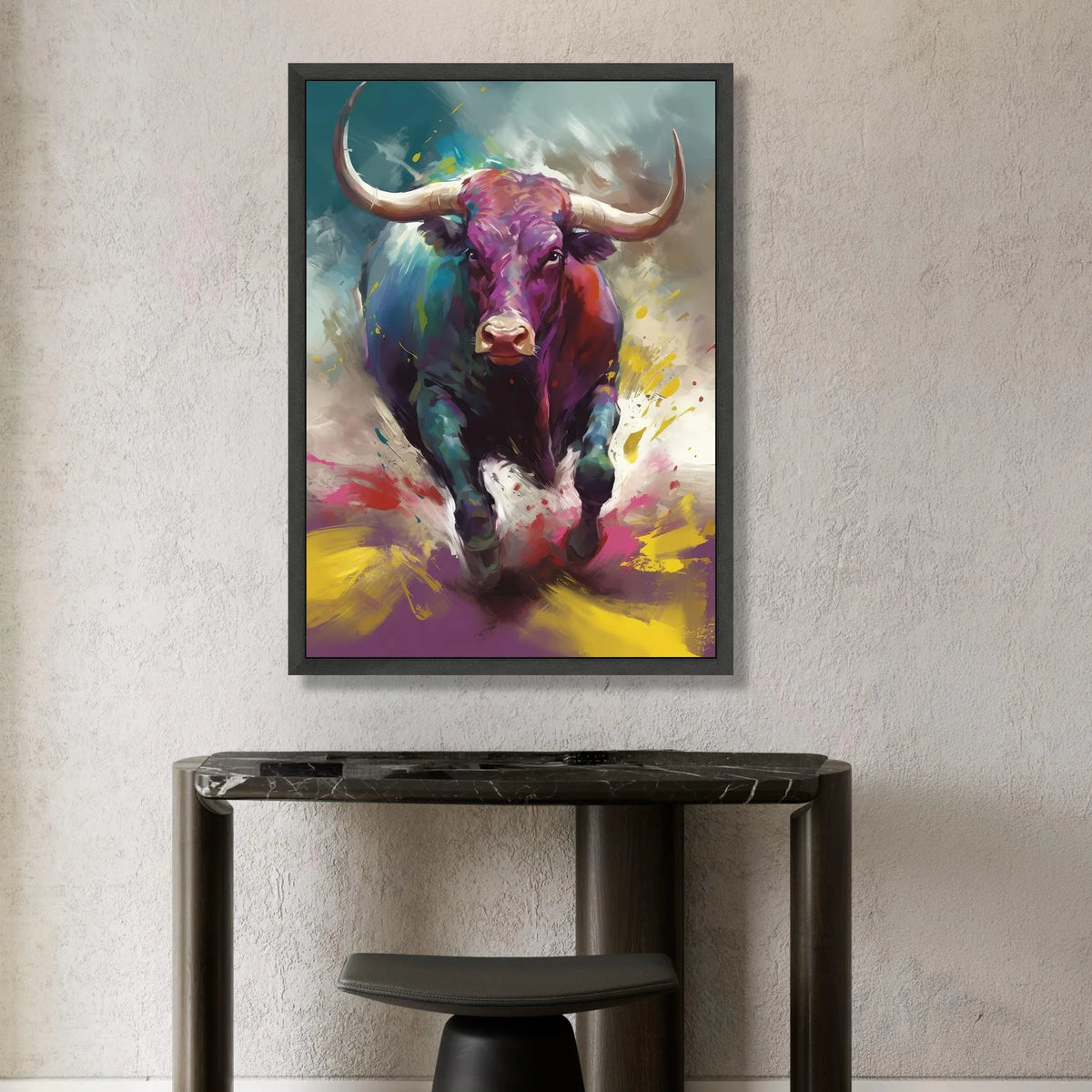 Vibrant Bull Charging Canvas, Colorful Animal Wall Art, Abstract Wildlife Painting, Bold Home Decoration, Ready to Hang Canvas Print Art