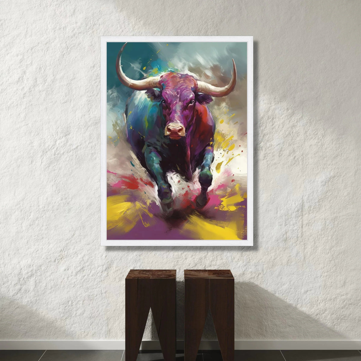 Vibrant Bull Charging Canvas, Colorful Animal Wall Art, Abstract Wildlife Painting, Bold Home Decoration, Ready to Hang Canvas Print Art