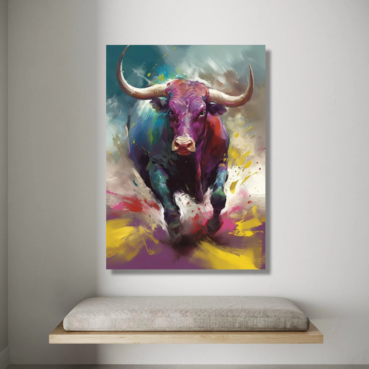 Vibrant Bull Charging Canvas, Colorful Animal Wall Art, Abstract Wildlife Painting, Bold Home Decoration, Ready to Hang Canvas Print Art