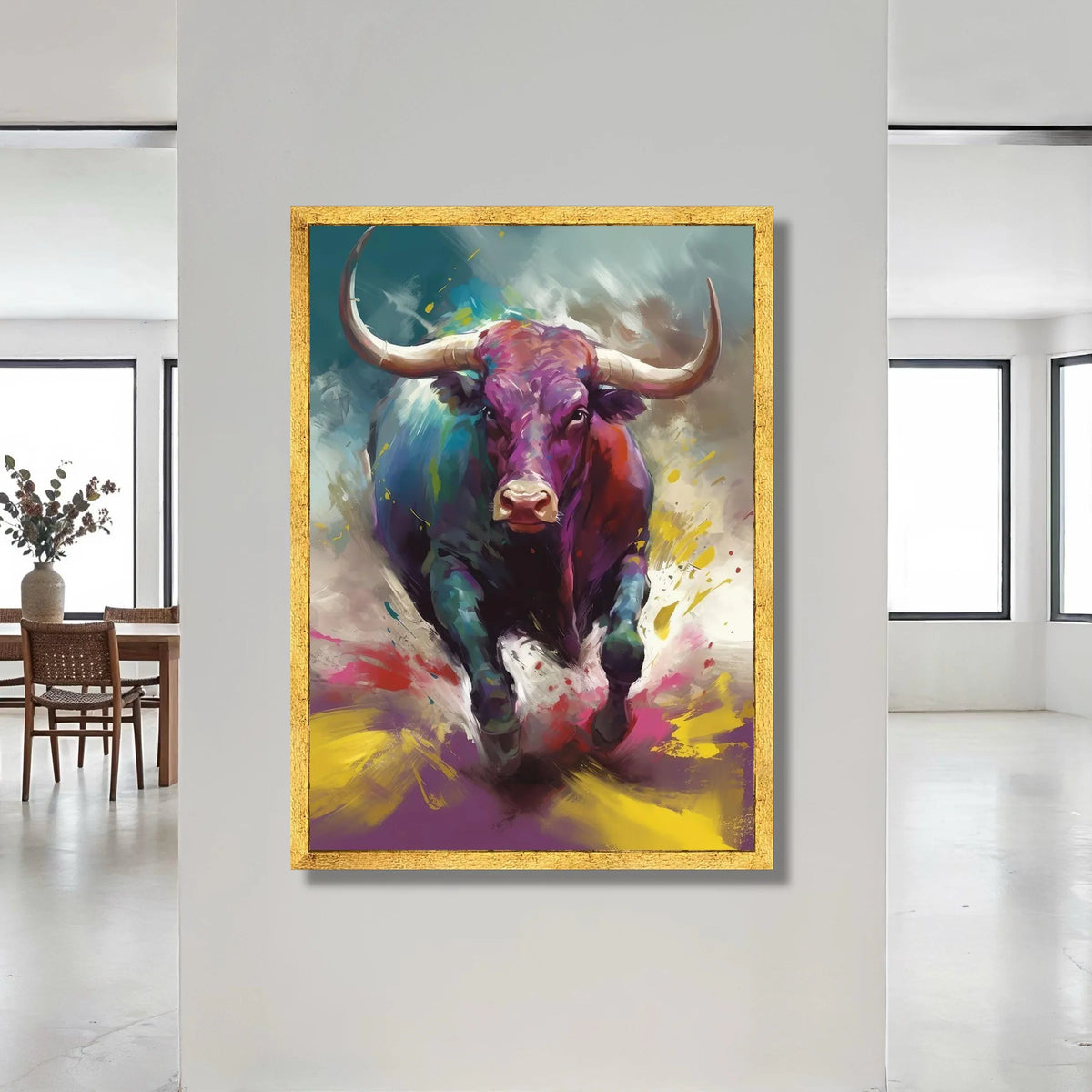 Vibrant Bull Charging Canvas, Colorful Animal Wall Art, Abstract Wildlife Painting, Bold Home Decoration, Ready to Hang Canvas Print Art