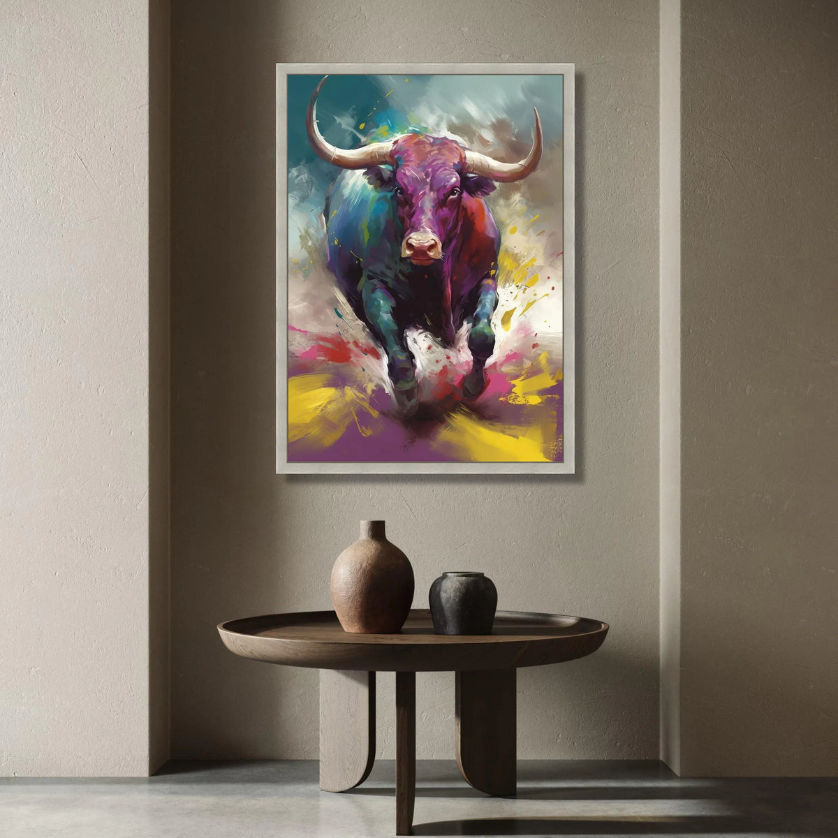 Vibrant Bull Charging Canvas, Colorful Animal Wall Art, Abstract Wildlife Painting, Bold Home Decoration, Ready to Hang Canvas Print Art