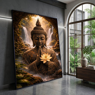 Serene Buddha Statue Canvas, Meditation Wall Art, Lotus Flower Decor, Tranquil Waterfall Scene, Spiritual Canvas Art, Zen Canvas Print Art