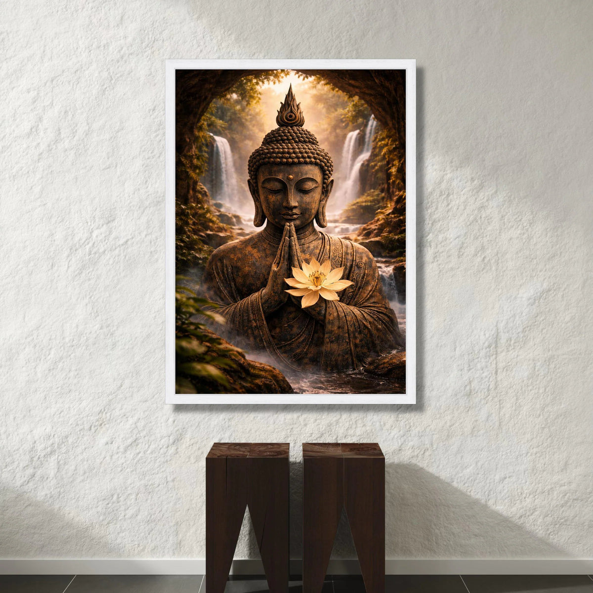 Serene Buddha Statue Canvas, Meditation Wall Art, Lotus Flower Decor, Tranquil Waterfall Scene, Spiritual Canvas Art, Zen Canvas Print Art