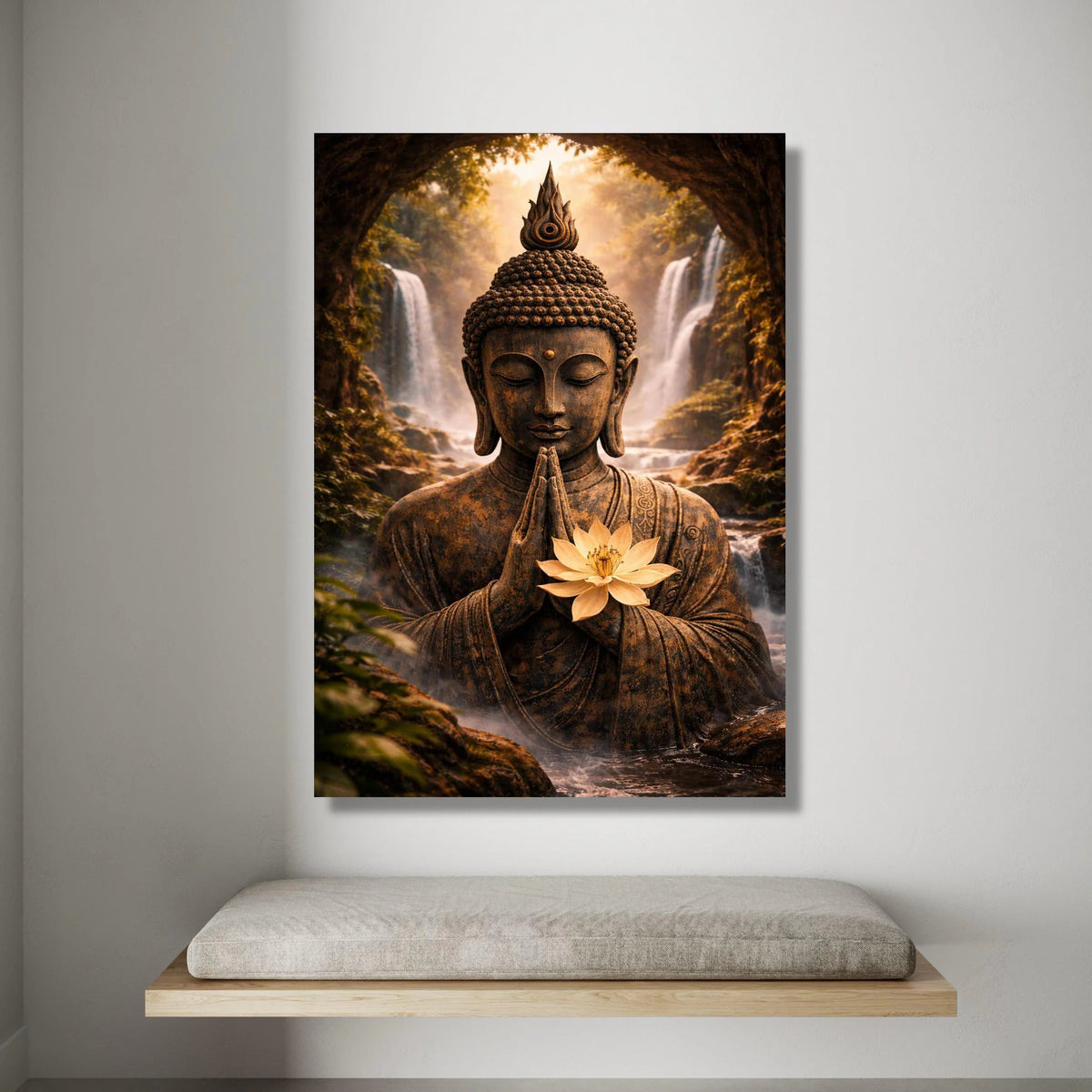 Serene Buddha Statue Canvas, Meditation Wall Art, Lotus Flower Decor, Tranquil Waterfall Scene, Spiritual Canvas Art, Zen Canvas Print Art