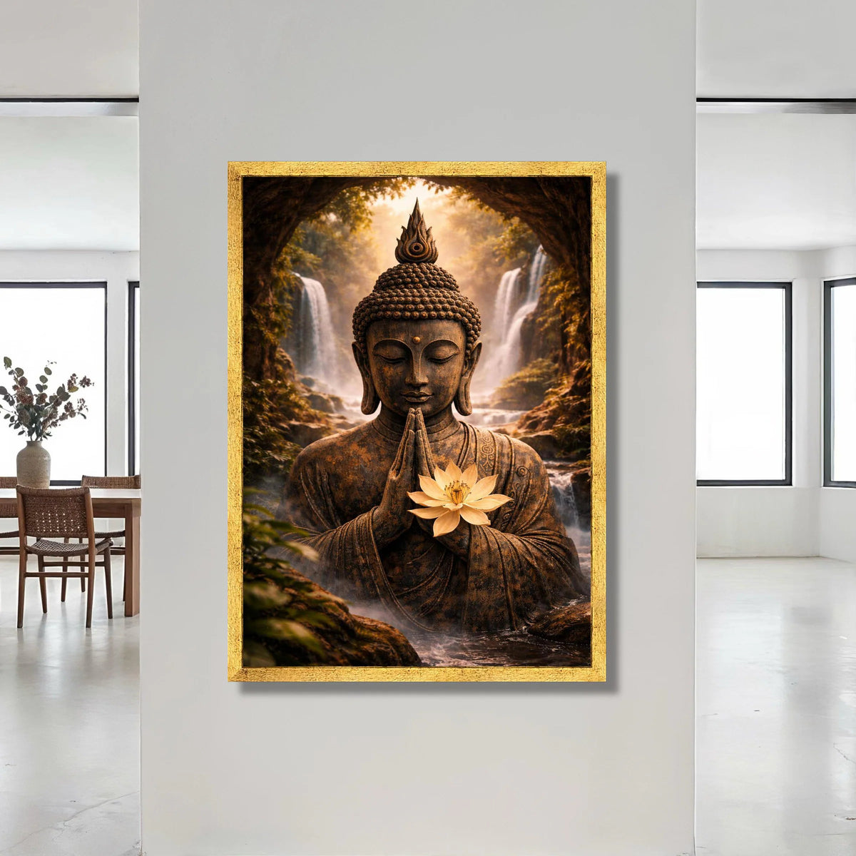 Serene Buddha Statue Canvas, Meditation Wall Art, Lotus Flower Decor, Tranquil Waterfall Scene, Spiritual Canvas Art, Zen Canvas Print Art