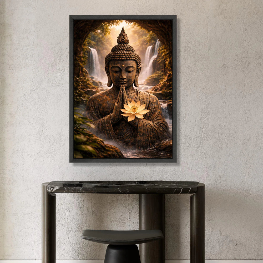 Serene Buddha Statue Canvas, Meditation Wall Art, Lotus Flower Decor, Tranquil Waterfall Scene, Spiritual Canvas Art, Zen Canvas Print Art