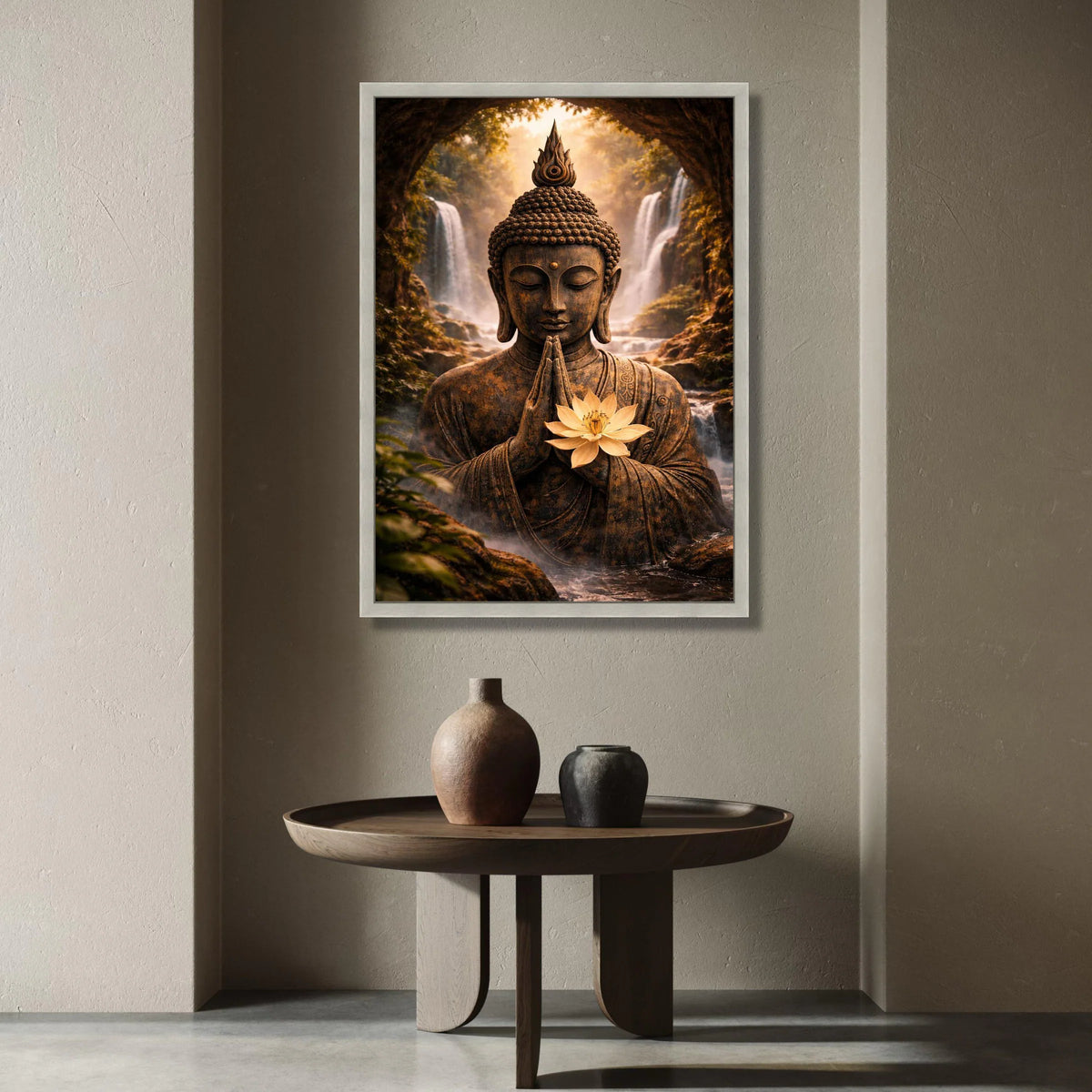 Serene Buddha Statue Canvas, Meditation Wall Art, Lotus Flower Decor, Tranquil Waterfall Scene, Spiritual Canvas Art, Zen Canvas Print Art