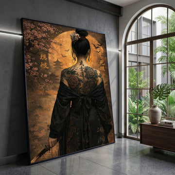 Elegant Geisha Back Tattoo Canvas, Asian Woman with Sword, Cherry Blossom Art, Japanese Culture Wall Art, Oriental Home Canvas Print Art