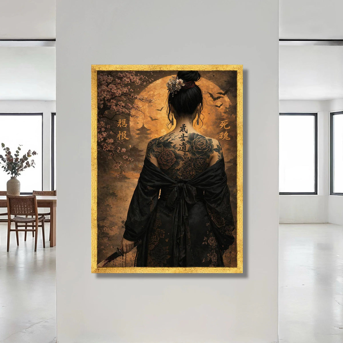 Elegant Geisha Back Tattoo Canvas, Asian Woman with Sword, Cherry Blossom Art, Japanese Culture Wall Art, Oriental Home Canvas Print Art