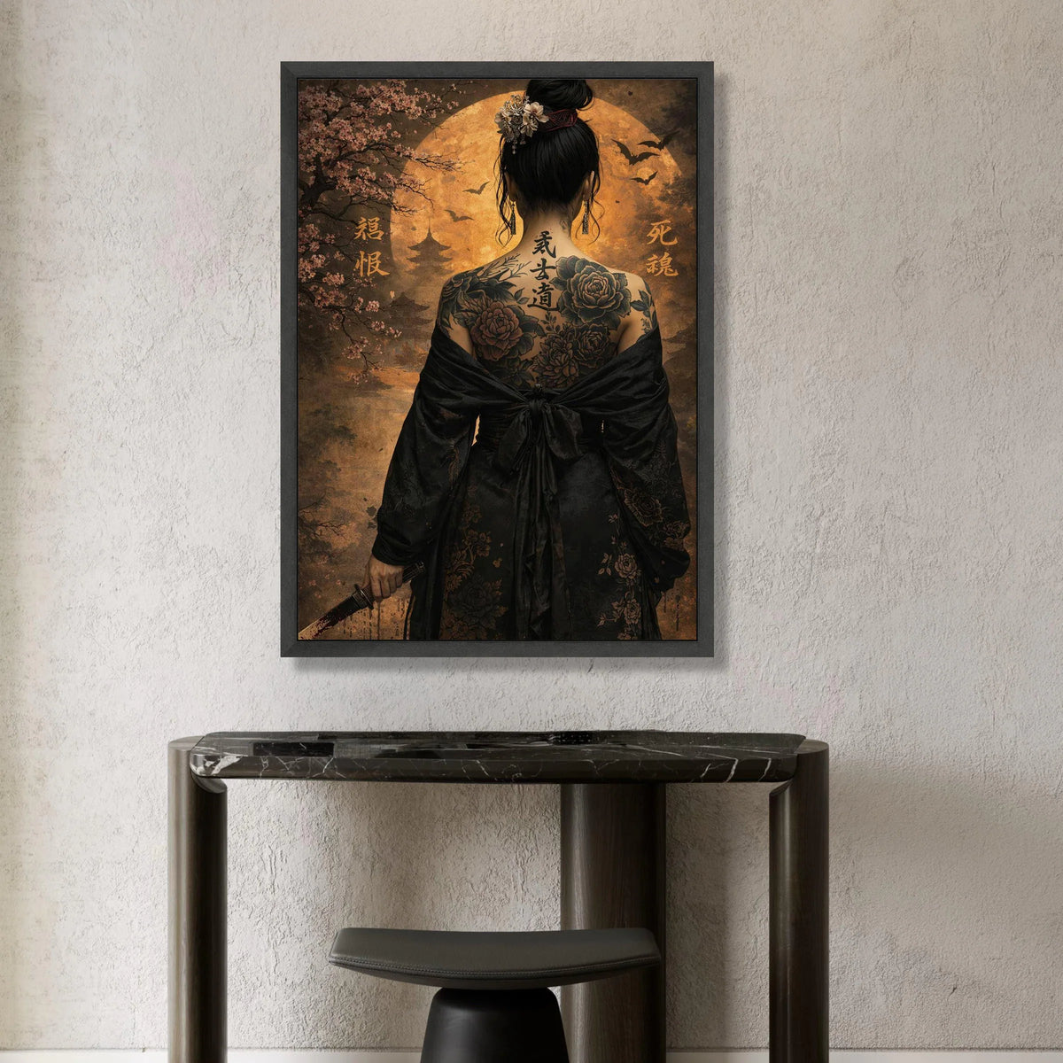 Elegant Geisha Back Tattoo Canvas, Asian Woman with Sword, Cherry Blossom Art, Japanese Culture Wall Art, Oriental Home Canvas Print Art