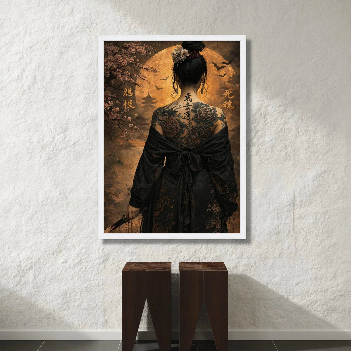 Elegant Geisha Back Tattoo Canvas, Asian Woman with Sword, Cherry Blossom Art, Japanese Culture Wall Art, Oriental Home Canvas Print Art