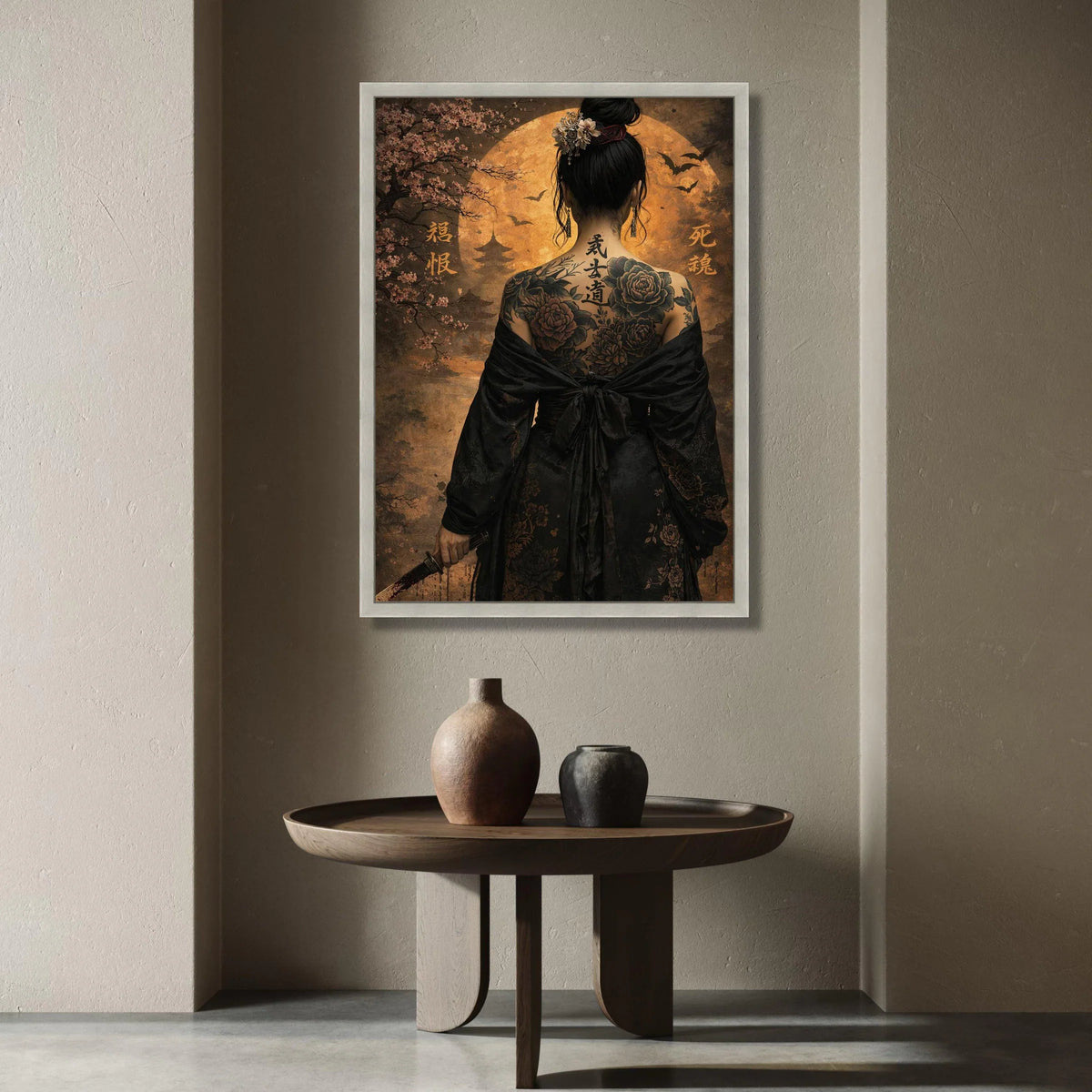 Elegant Geisha Back Tattoo Canvas, Asian Woman with Sword, Cherry Blossom Art, Japanese Culture Wall Art, Oriental Home Canvas Print Art