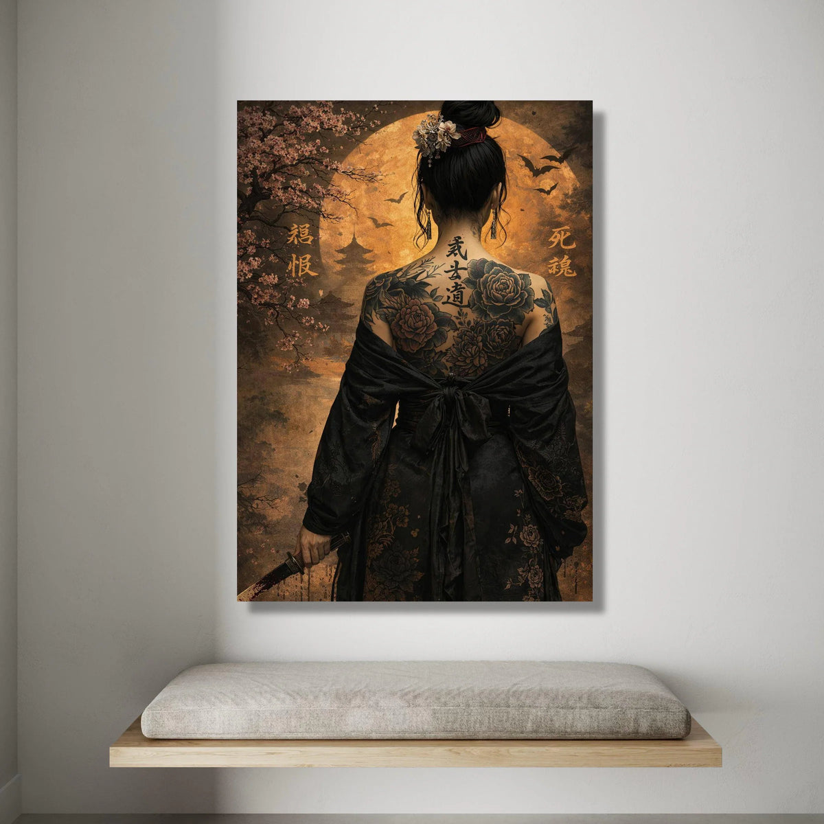 Elegant Geisha Back Tattoo Canvas, Asian Woman with Sword, Cherry Blossom Art, Japanese Culture Wall Art, Oriental Home Canvas Print Art