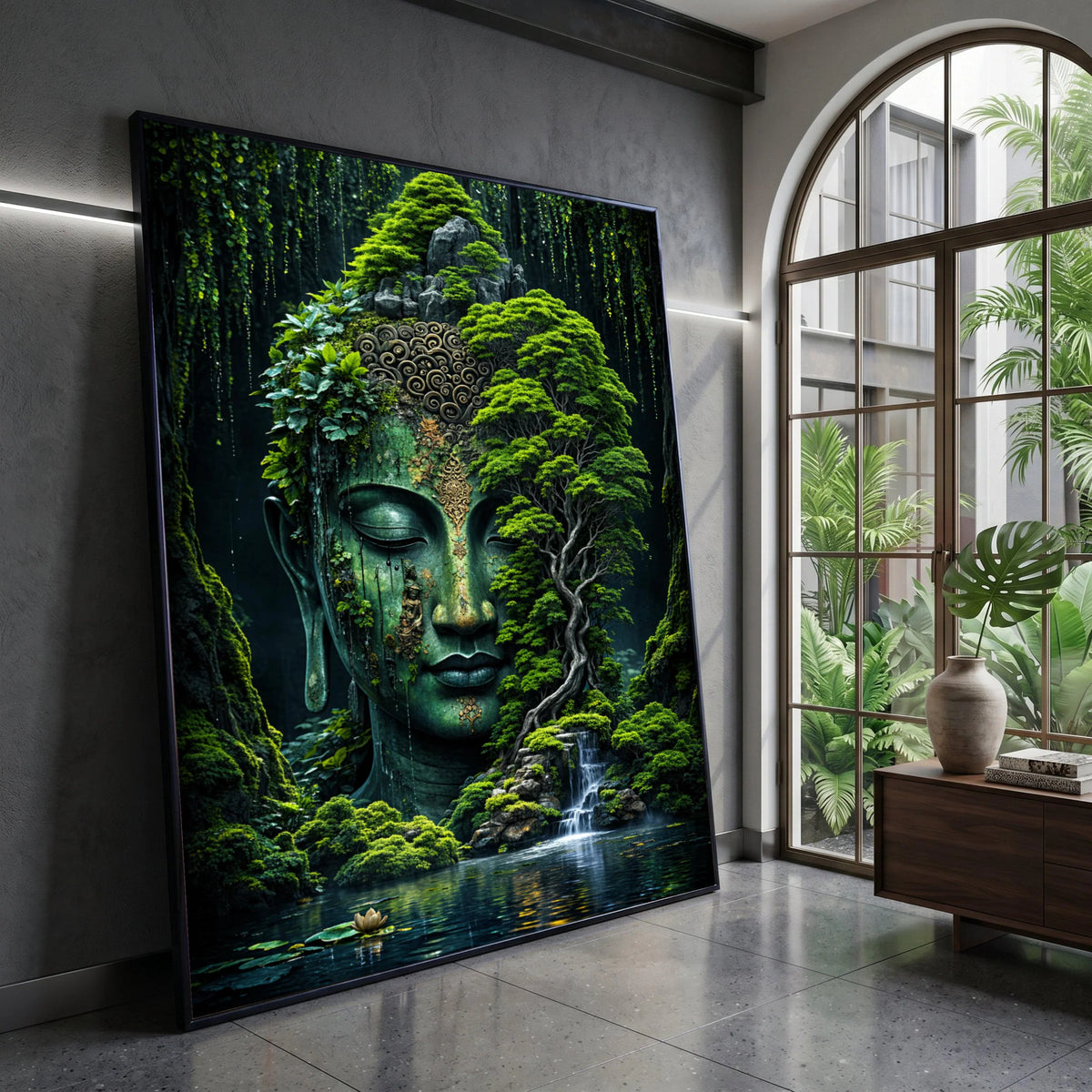 Serene Buddha Head Lush Forest Canvas, Tranquil Waterfall Wall Art, Zen Garden Decoration, Mystical Nature Landscape Canvas Canvas Print Art
