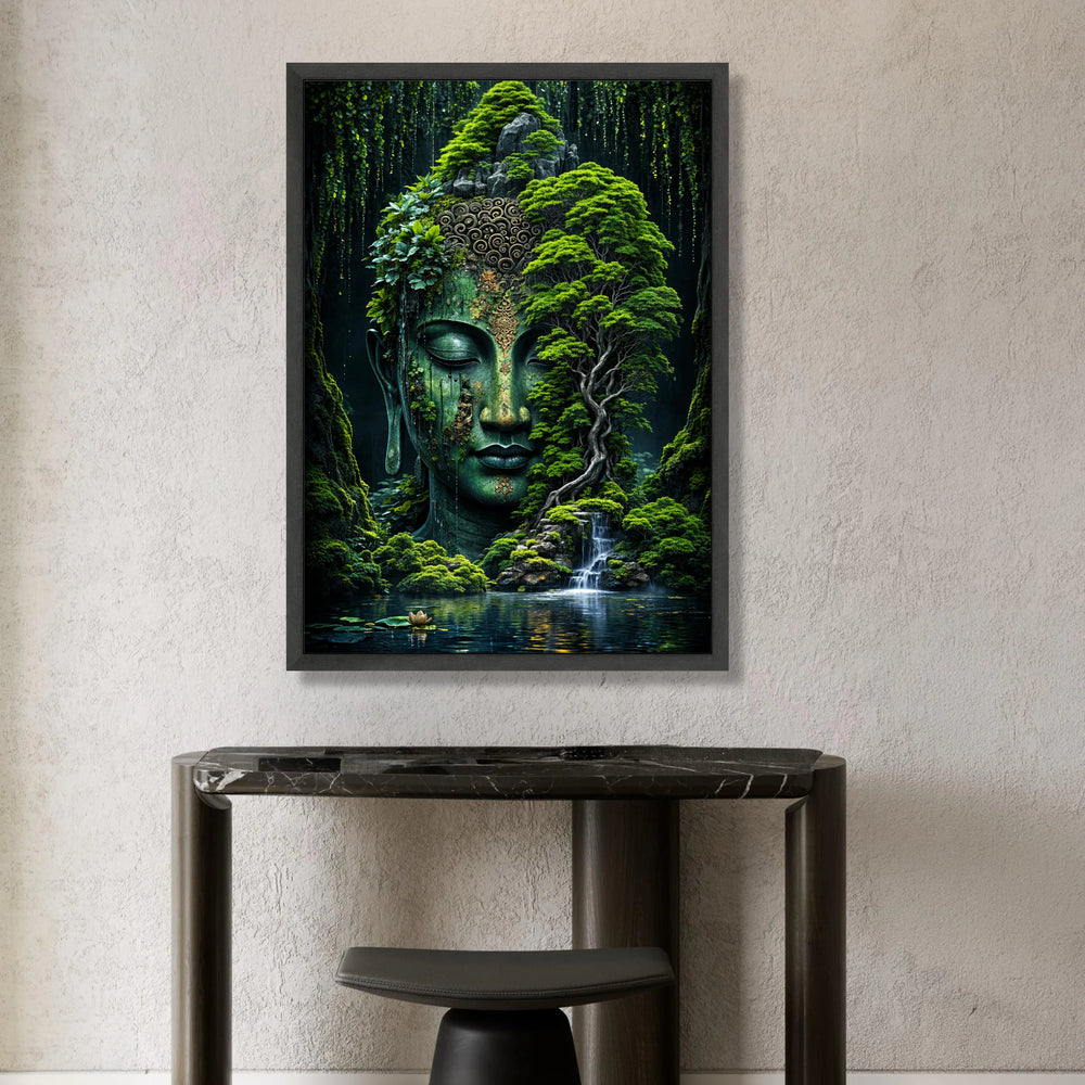 Serene Buddha Head Lush Forest Canvas, Tranquil Waterfall Wall Art, Zen Garden Decoration, Mystical Nature Landscape Canvas Canvas Print Art