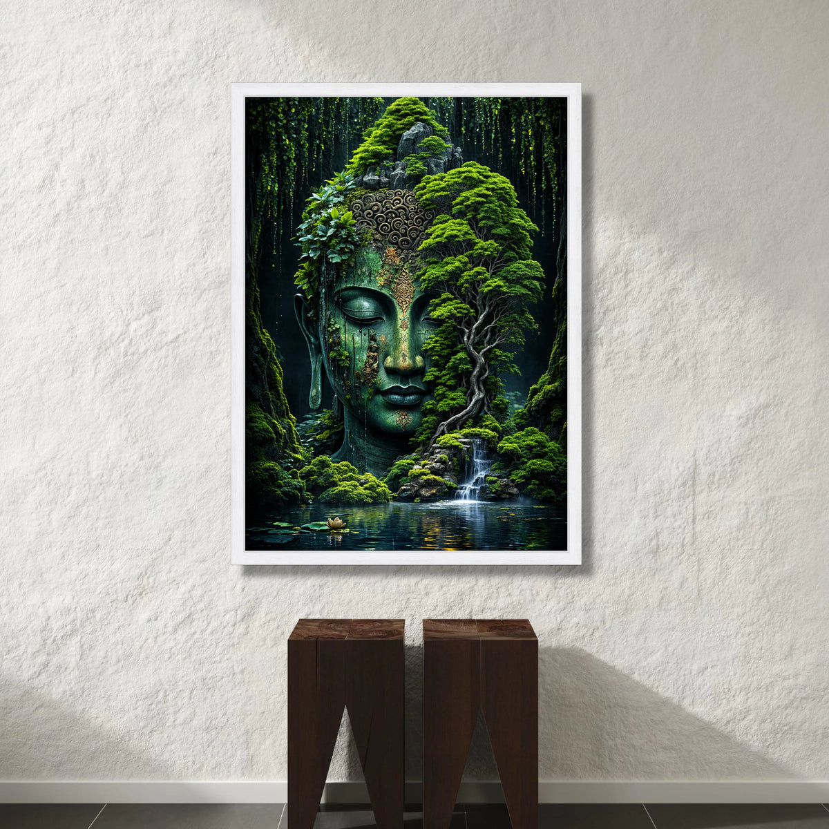 Serene Buddha Head Lush Forest Canvas, Tranquil Waterfall Wall Art, Zen Garden Decoration, Mystical Nature Landscape Canvas Canvas Print Art