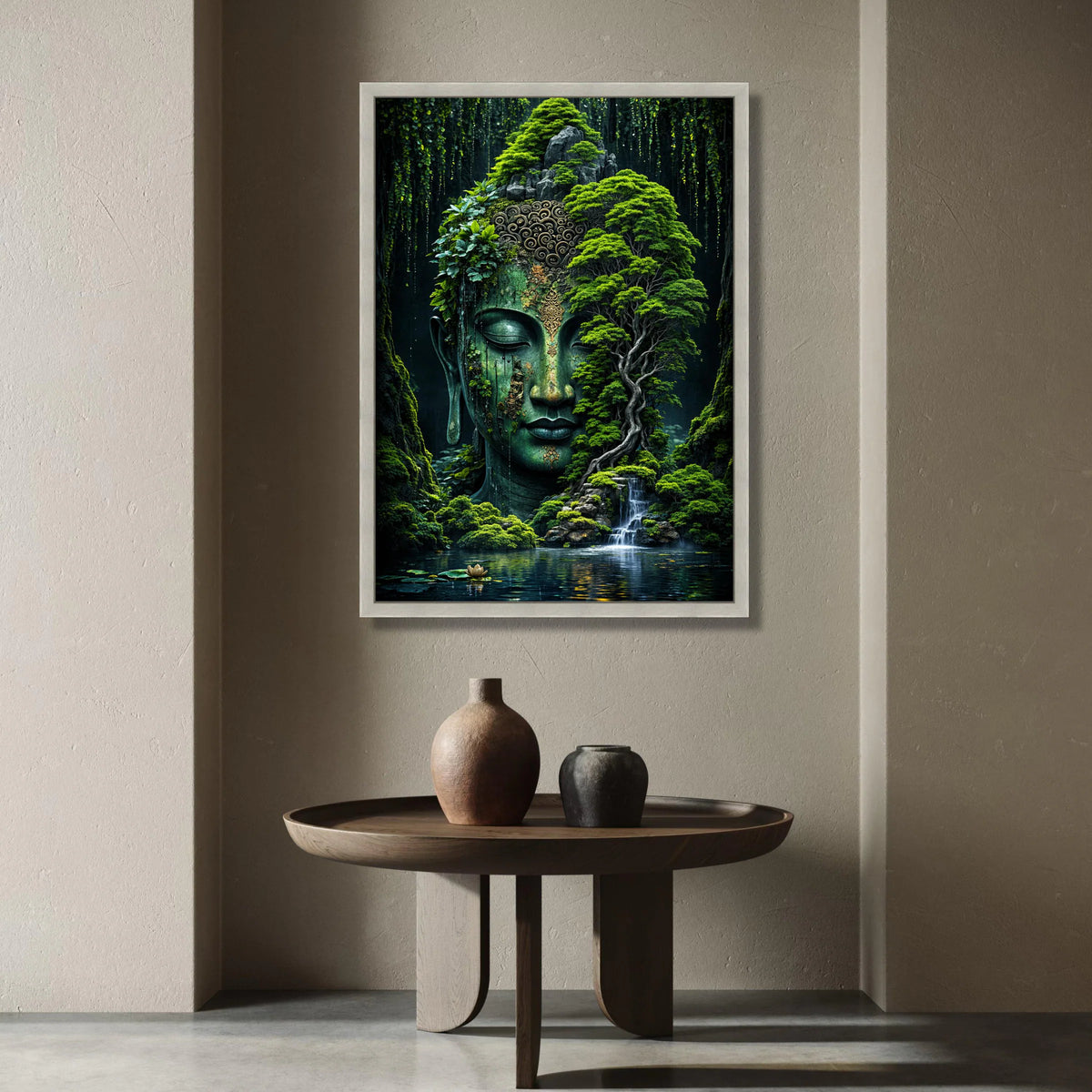 Serene Buddha Head Lush Forest Canvas, Tranquil Waterfall Wall Art, Zen Garden Decoration, Mystical Nature Landscape Canvas Canvas Print Art