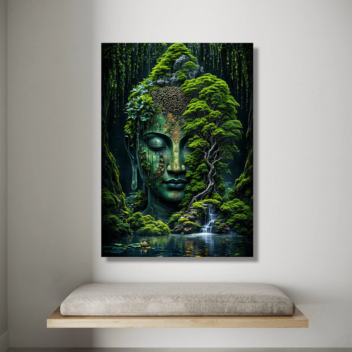 Serene Buddha Head Lush Forest Canvas, Tranquil Waterfall Wall Art, Zen Garden Decoration, Mystical Nature Landscape Canvas Canvas Print Art
