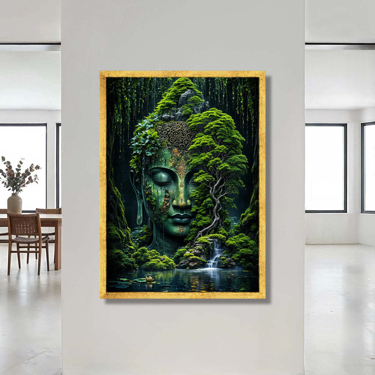 Serene Buddha Head Lush Forest Canvas, Tranquil Waterfall Wall Art, Zen Garden Decoration, Mystical Nature Landscape Canvas Canvas Print Art