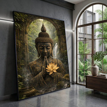 Serene Buddha Statue Canvas, Meditation Wall Art, Spiritual Home Decor, Zen Garden Canvas, Tranquil Forest Scene, Lotus Canvas Print Art