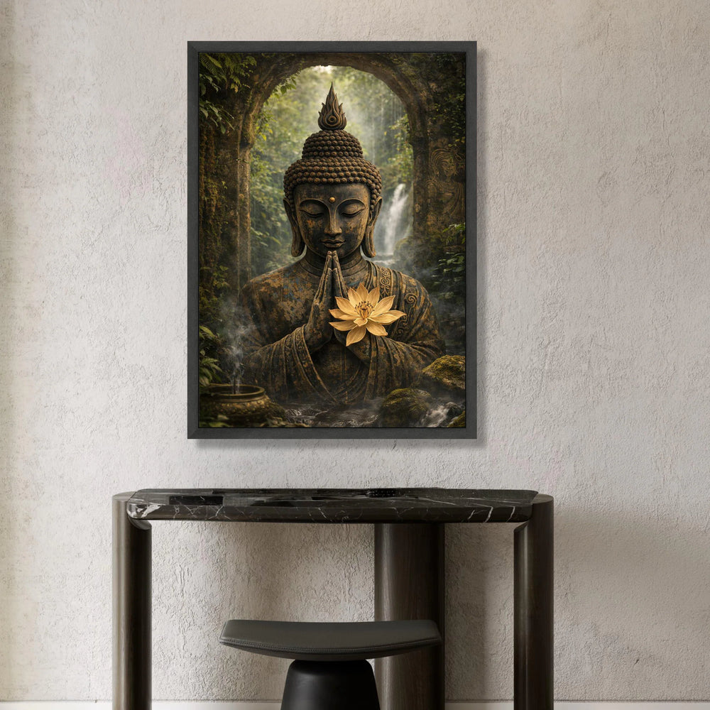 Serene Buddha Statue Canvas, Meditation Wall Art, Spiritual Home Decor, Zen Garden Canvas, Tranquil Forest Scene, Lotus Canvas Print Art