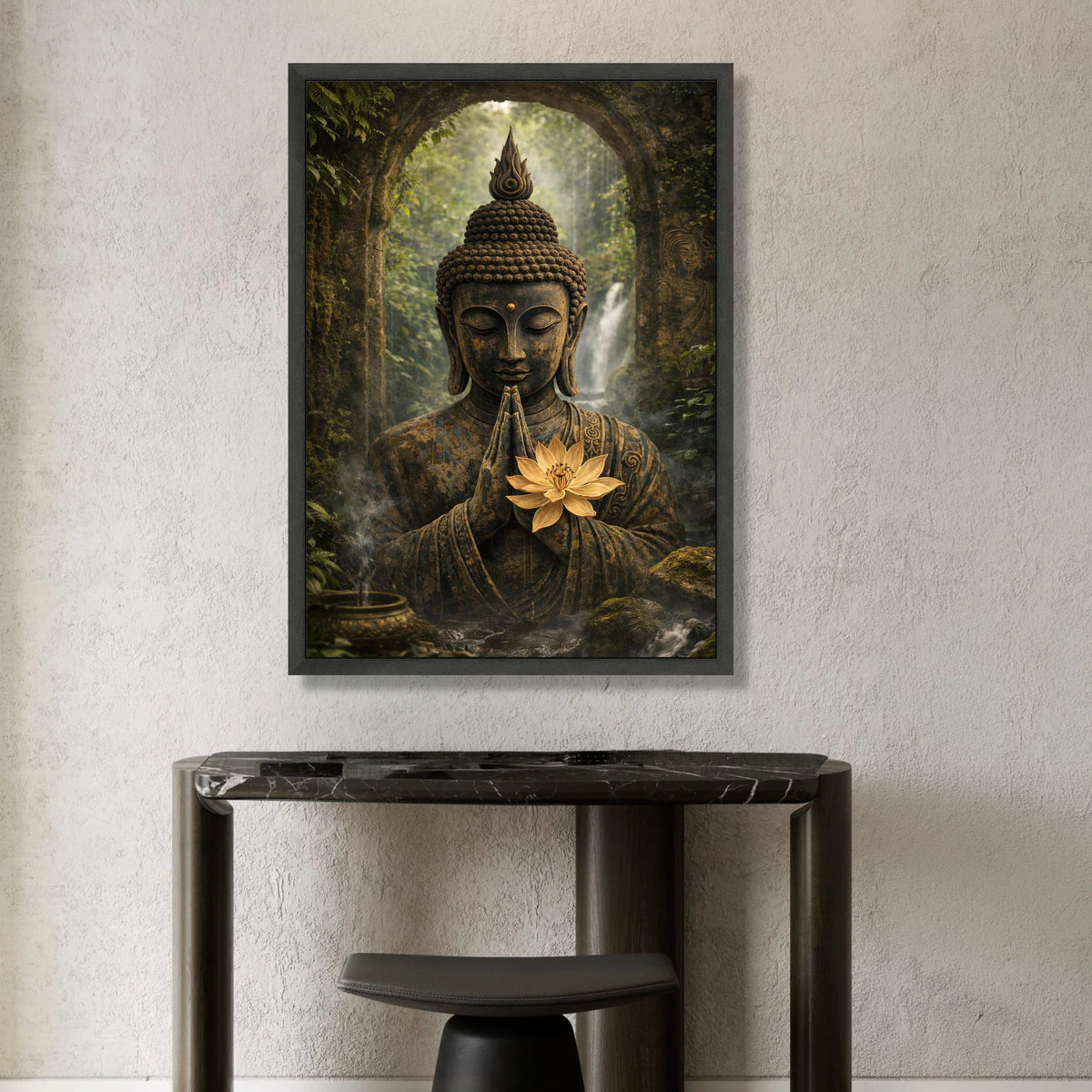 Serene Buddha Statue Canvas, Meditation Wall Art, Spiritual Home Decor, Zen Garden Canvas, Tranquil Forest Scene, Lotus Canvas Print Art