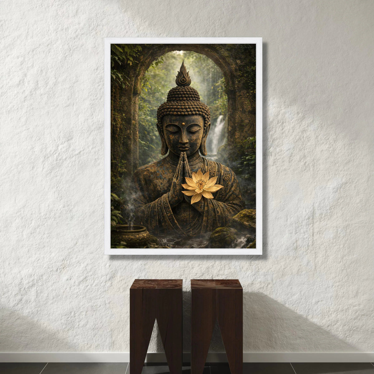 Serene Buddha Statue Canvas, Meditation Wall Art, Spiritual Home Decor, Zen Garden Canvas, Tranquil Forest Scene, Lotus Canvas Print Art