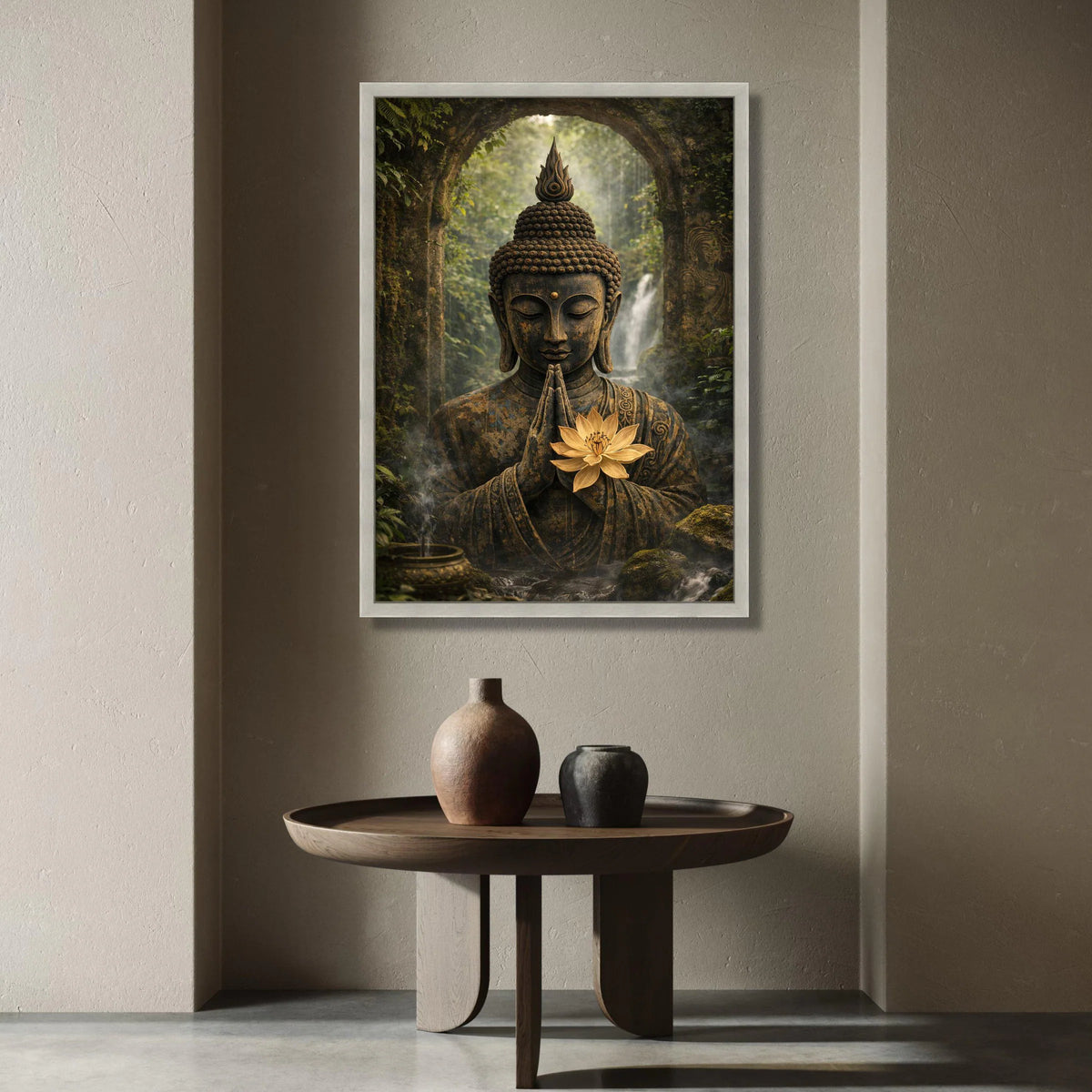 Serene Buddha Statue Canvas, Meditation Wall Art, Spiritual Home Decor, Zen Garden Canvas, Tranquil Forest Scene, Lotus Canvas Print Art