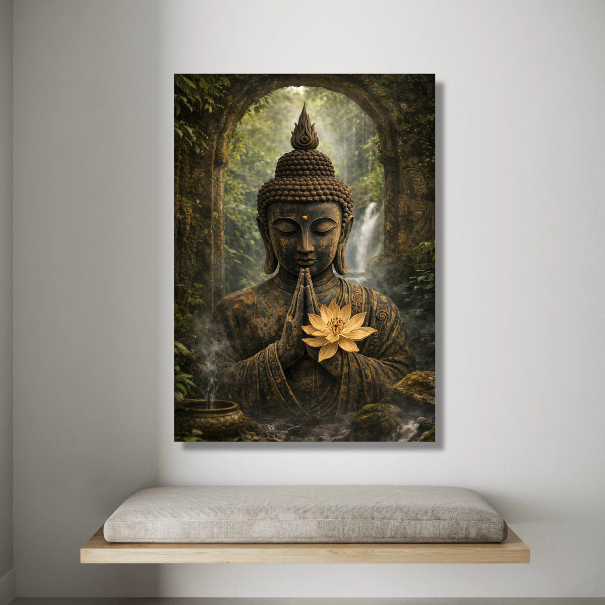 Serene Buddha Statue Canvas, Meditation Wall Art, Spiritual Home Decor, Zen Garden Canvas, Tranquil Forest Scene, Lotus Canvas Print Art