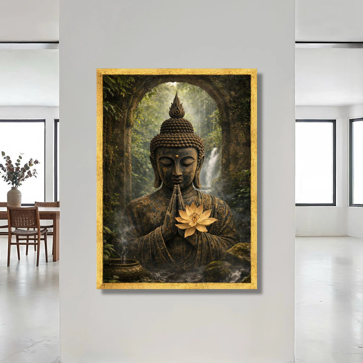 Serene Buddha Statue Canvas, Meditation Wall Art, Spiritual Home Decor, Zen Garden Canvas, Tranquil Forest Scene, Lotus Canvas Print Art