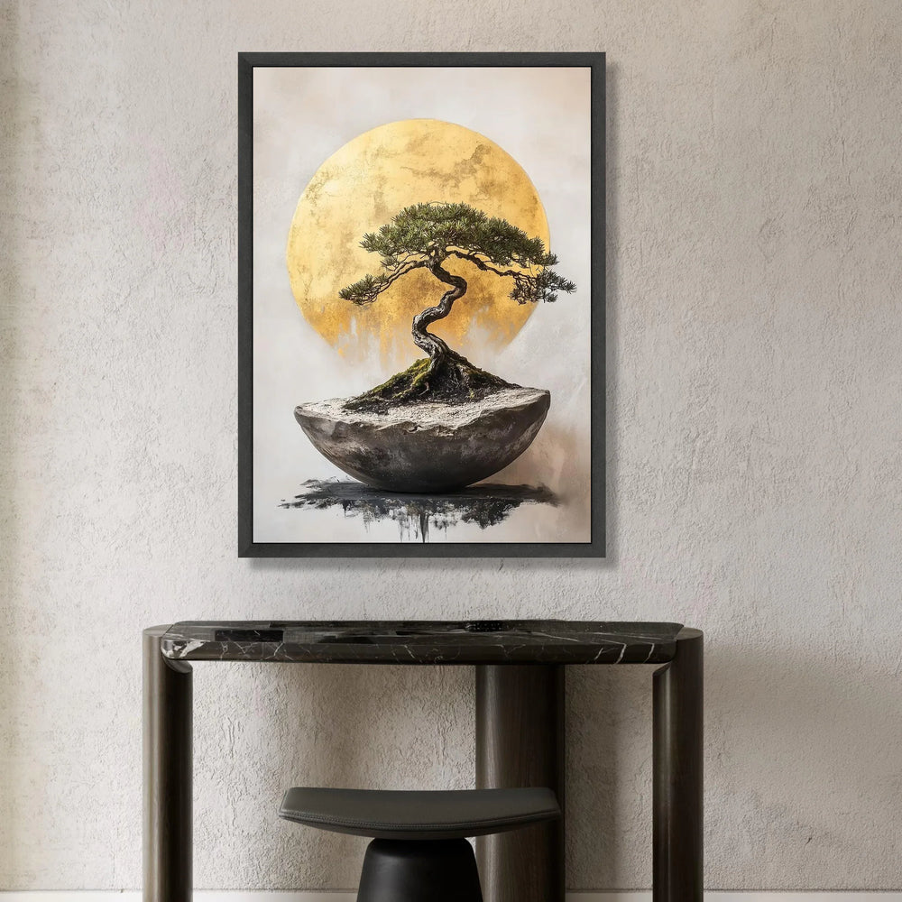 Elegant Bonsai Tree Canvas Wall Art, Golden Sun Background, Minimalist Nature Artwork, Modern Home Decor, Botanical Canvas Canvas Print Art