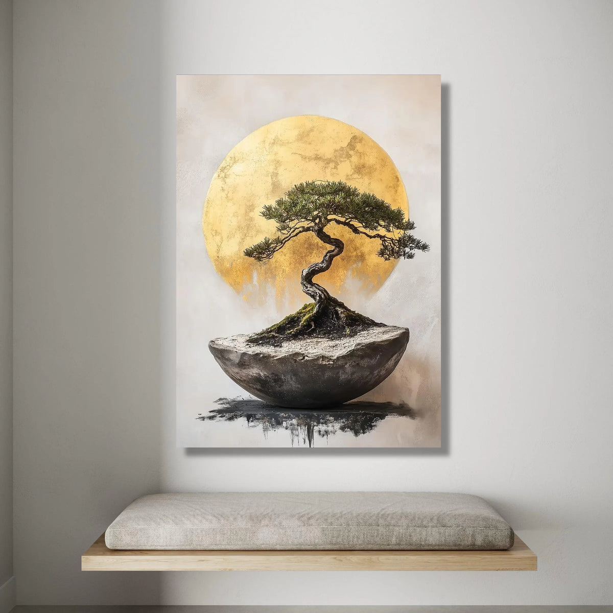 Elegant Bonsai Tree Canvas Wall Art, Golden Sun Background, Minimalist Nature Artwork, Modern Home Decor, Botanical Canvas Canvas Print Art