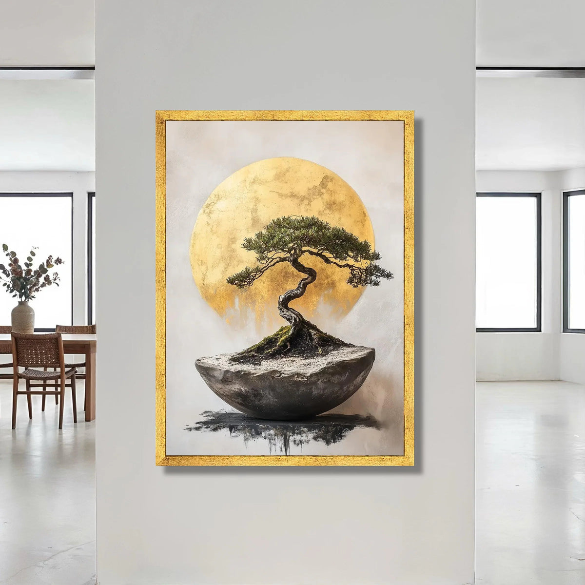 Elegant Bonsai Tree Canvas Wall Art, Golden Sun Background, Minimalist Nature Artwork, Modern Home Decor, Botanical Canvas Canvas Print Art