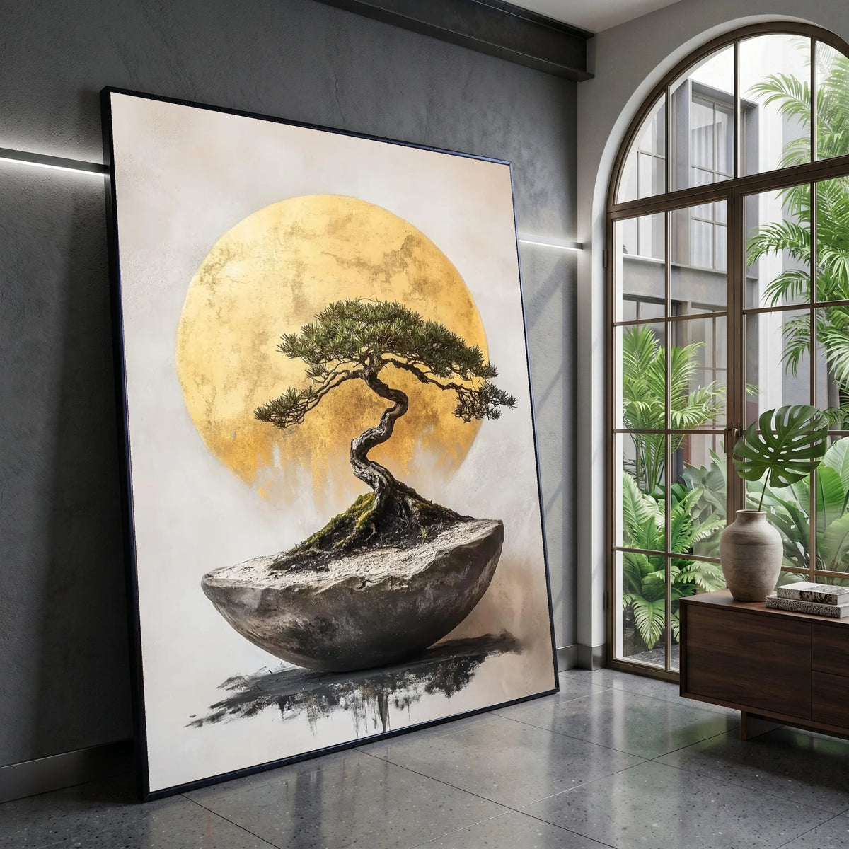 Elegant Bonsai Tree Canvas Wall Art, Golden Sun Background, Minimalist Nature Artwork, Modern Home Decor, Botanical Canvas Canvas Print Art