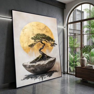 Elegant Bonsai Tree Canvas Wall Art, Golden Sun Background, Minimalist Nature Artwork, Modern Home Decor, Botanical Canvas Canvas Print Art