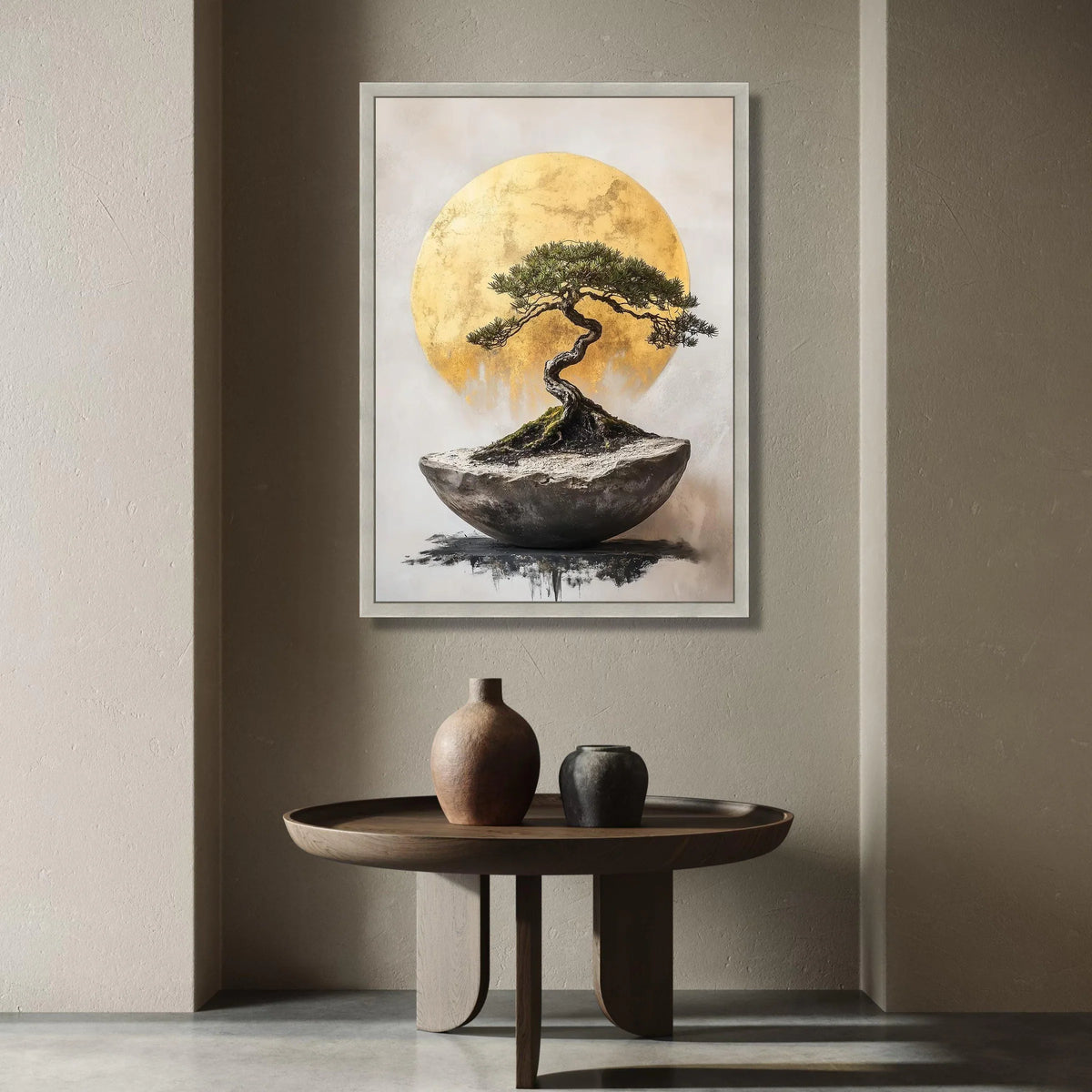 Elegant Bonsai Tree Canvas Wall Art, Golden Sun Background, Minimalist Nature Artwork, Modern Home Decor, Botanical Canvas Canvas Print Art