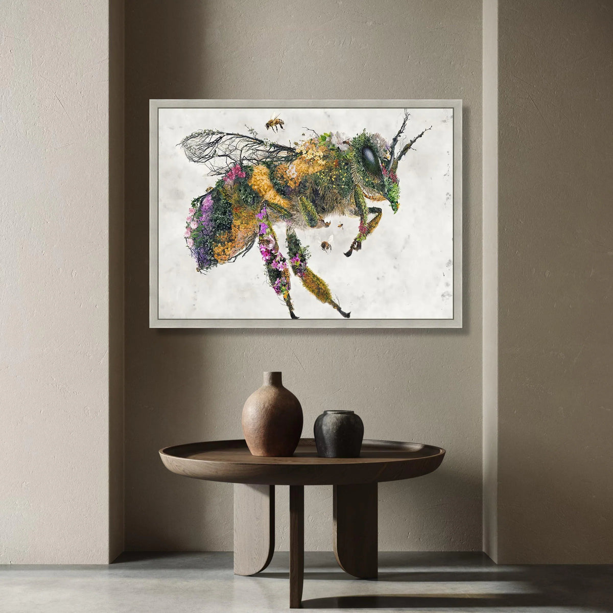 Floral Bee Canvas Wall Art, Nature-Inspired Insect Illustration, Garden Flower Artwork, Vibrant Botanical Print, Modern Canvas Print Art