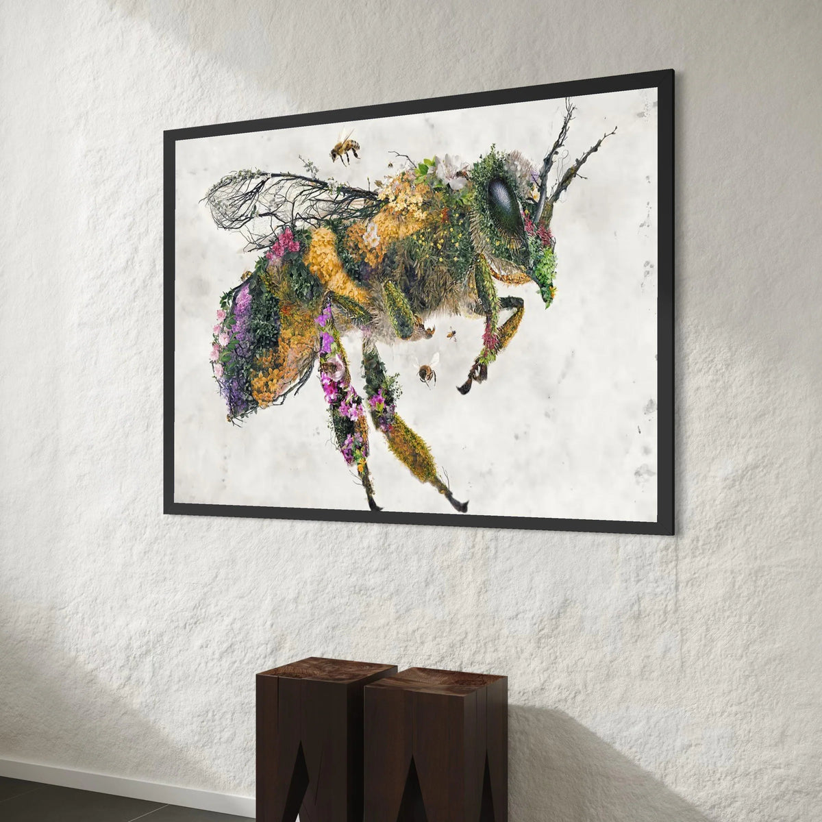 Floral Bee Canvas Wall Art, Nature-Inspired Insect Illustration, Garden Flower Artwork, Vibrant Botanical Print, Modern Canvas Print Art