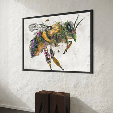 Floral Bee Canvas Wall Art, Nature-Inspired Insect Illustration, Garden Flower Artwork, Vibrant Botanical Print, Modern Canvas Print Art