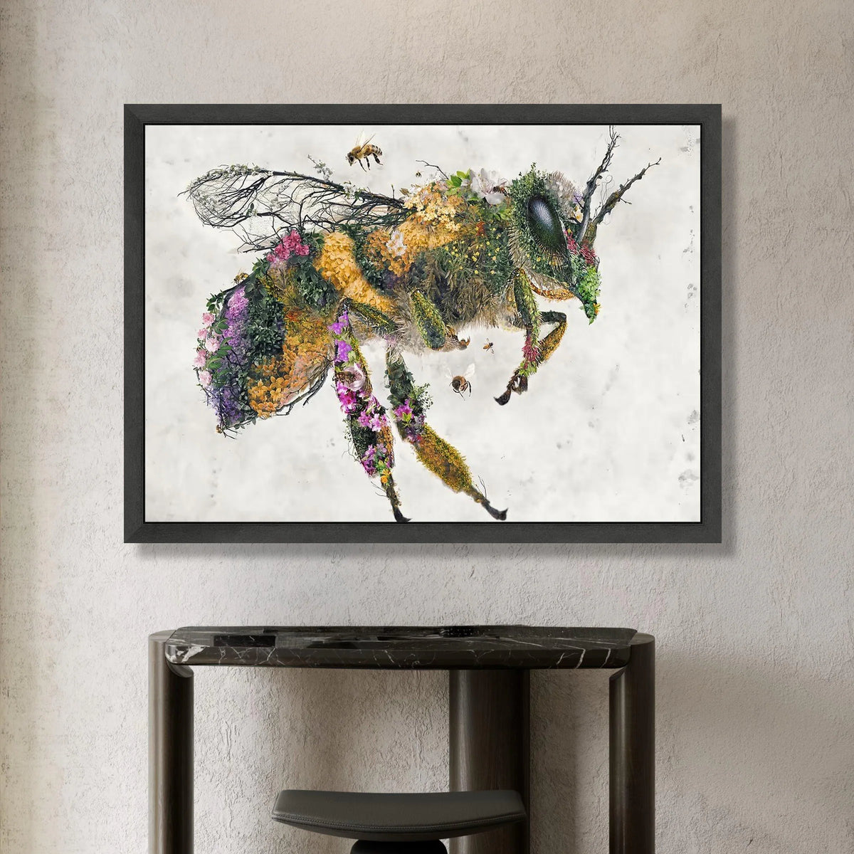 Floral Bee Canvas Wall Art, Nature-Inspired Insect Illustration, Garden Flower Artwork, Vibrant Botanical Print, Modern Canvas Print Art