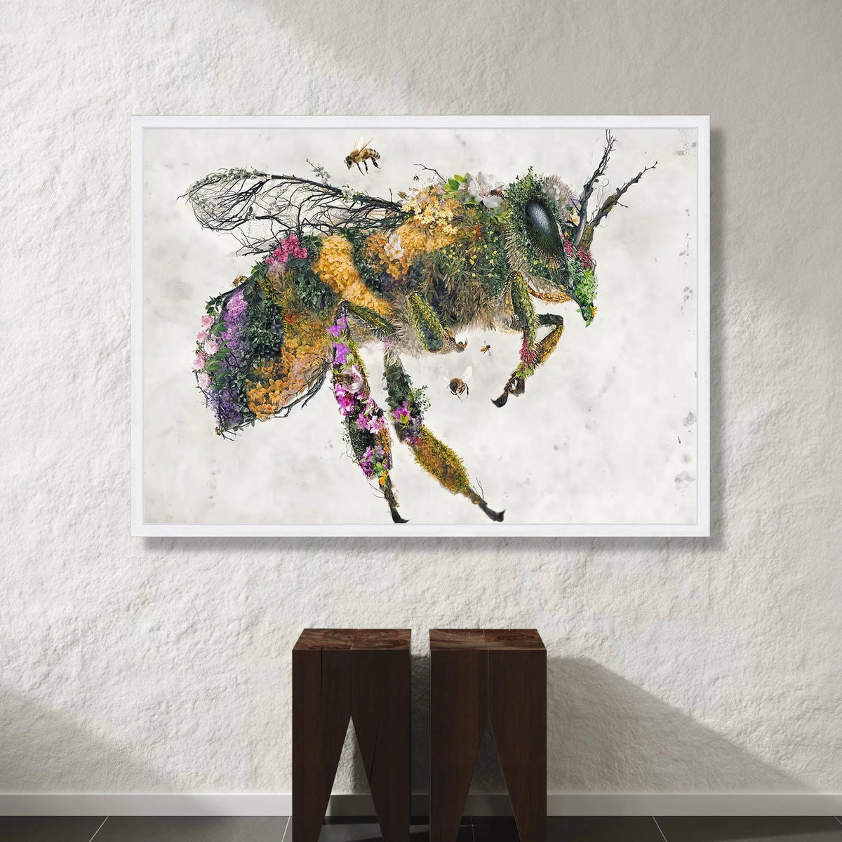 Floral Bee Canvas Wall Art, Nature-Inspired Insect Illustration, Garden Flower Artwork, Vibrant Botanical Print, Modern Canvas Print Art